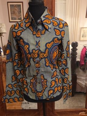 Taxxi Navy and Orange Rooster Paisley Button-Up Blouse